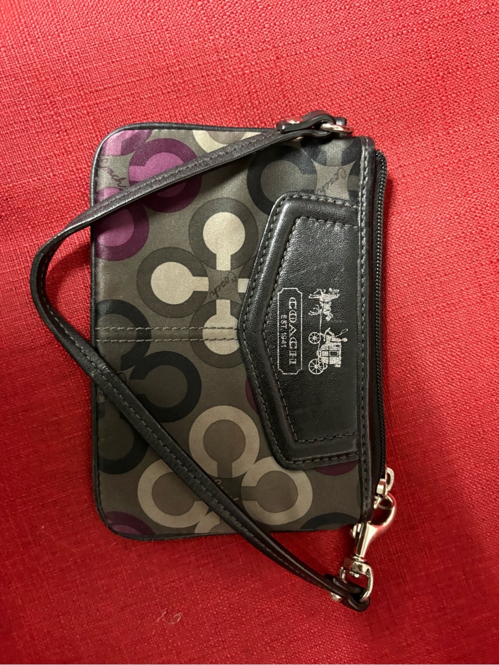 Coach Signature Wristlet in Black, Gray & Purple